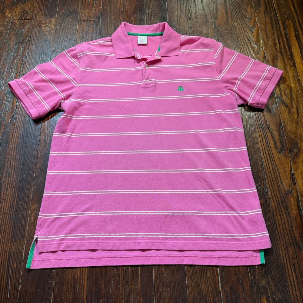 Brooks Brothers Performance‎ Polo Mens Large Pink Striped Original Fit Cotton
